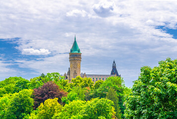 Luxembourg City historical centre with Tower of State Bank and Savings Bank Spuerkeess Banque et...