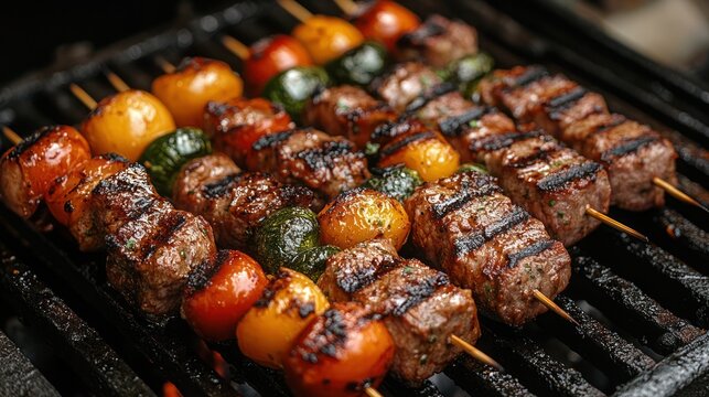 Grilled vegetable skewer, grilled meat with vegetable on a grill.