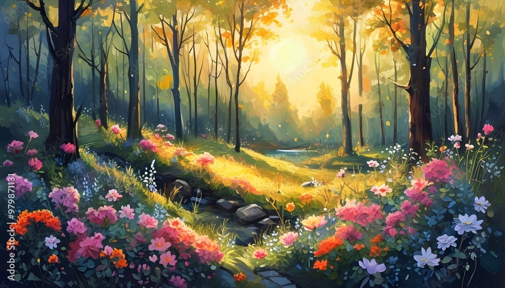 Poster Whimsical Enchanted Forest with Flower Blossoms in a Sunlit Oil Painting Style