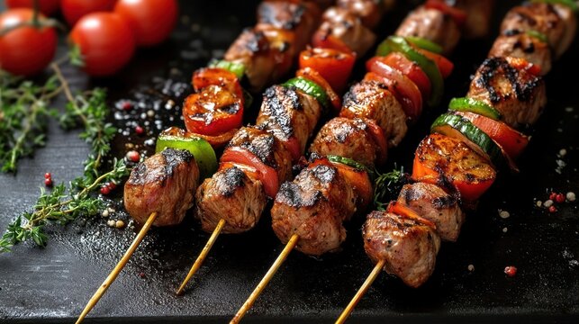 Grilled vegetable skewer, grilled meat with vegetable on a grill.