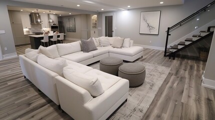 Fototapeta premium A large white sectional sofa is the centerpiece of a spacious living room