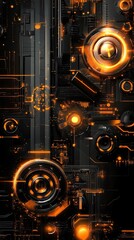 A black and orange image of a futuristic cityscape with a lot of glowing lights