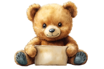 a teddy bear holding a piece of paper. 