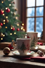 Cups of Fragrant Tea and Hot Chocolate Comfortably Set on a Table in Front of a Window