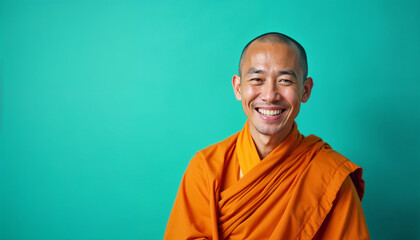 Fototapeta premium Friendly portrait of a Buddhist monk in orange robes against a vibrant teal background, with soft lighting highlighting his serene expression.