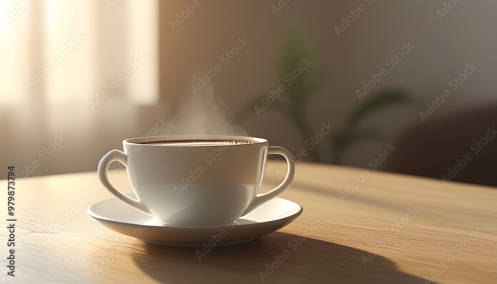 Wall mural peaceful morning ambiance with a white coffee cup on a softly lit table