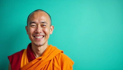 Fototapeta premium Friendly portrait of a Buddhist monk in orange robes against a vibrant teal background, with soft lighting highlighting his serene expression.