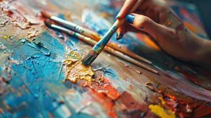 Obraz premium Craft Art Process Artist Using Paint Brushes on Wood Background