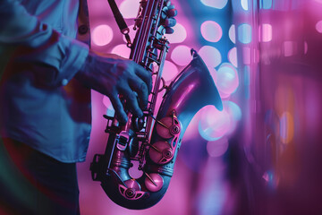 Close up of hands playing a saxophone in an environment of warm lights