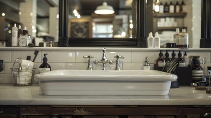 Bathroom Sink with White Tiles and Rustic Cabinet