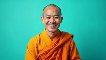 Fototapeta premium Friendly portrait of a Buddhist monk in orange robes against a vibrant teal background, with soft lighting highlighting his serene expression.