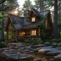 Obraz premium Secluded Wooden Lodge Oasis Surrounded by Lush Pine Trees