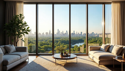 Fototapeta premium Elegant room with floor-to-ceiling window showcasing Central Park’s lush greenery.