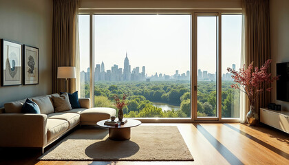 Fototapeta premium Elegant room with floor-to-ceiling window showcasing Central Park’s lush greenery.