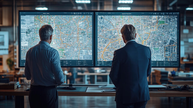 Hombres de negocios, gestionando, planos de pa&iacute;ses, arquitectura, edificios, carreteras, v&iacute;as el&eacute;ctricas.