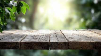Fototapeta premium A wide wooden table set against a blurred background of green trees and sunlight, ready for a farm-to-table meal or garden display.