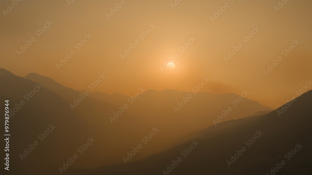 Poster a golden sun sets behind rugged mountain silhouettes, casting a warm glow in the hazy atmosphere of 
