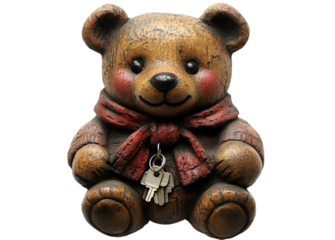 a small brown bear with a red scarf and keys. 