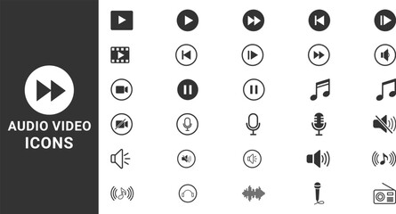 Audio Video Icons  set. music, sound and cinema icon set, interface multimedia symbols video Simple vector illustration.
