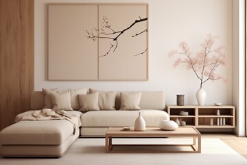 Explore a cozy and serene Japandi modern living room with neutral tones, minimalist furniture, and natural elements featuring a low-profile sectional sofa and elegant decor