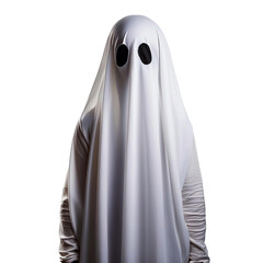 Criança fantasiada de fantasma com lençol branco para halloween sem fundo