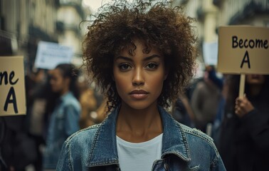 A confident Black woman standing amidst a peaceful protest, wearing a denim jacket and a serious expression, advocating for change and empowerment in an urban setting