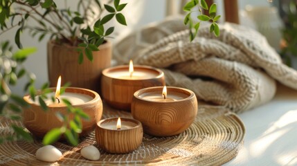 Eco friendly spa ambiance with wooden candle holders plastic free home decor