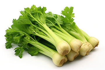 Fresh bunch of vibrant celery with green leaves, showcasing its crisp stalks on a white background. Generative AI
