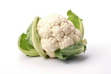 Fresh cauliflower with green leaves on a white background, perfect for healthy cooking and meal preparation. Generative AI