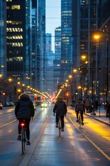 Obraz premium Sustainable Transportation: Busy City Bike Lane with Energy Efficient Streetlights at Dusk