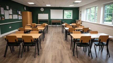Empty Classroom Symmetrical View of Desks Green Walls and Summer Light