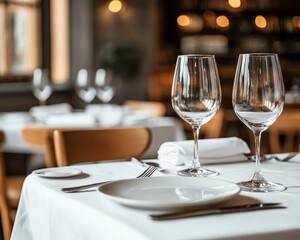 Fototapeta premium Empty Glasses on White Tablecloth Anticipation in a Bistro Setting