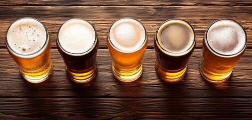 Five Beer Flight Tasting on Rustic Wood Table