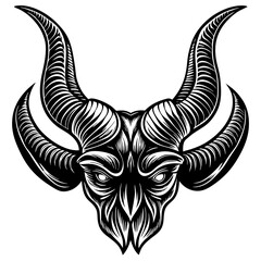A black and white drawing of a demon head with horns. The horns are large and pointy, and the face is twisted and evil looking. Scene is dark and ominous