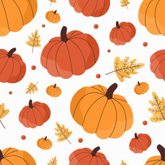 Cute autumn pumpkin pattern on white isolated background. Vector pumpkins in harvest flat style. For autumn decor, wallpaper, wrapping paper.