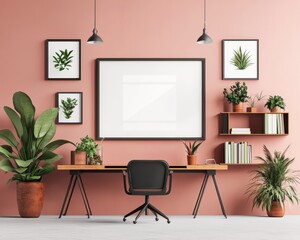 Front View Serene Home Office with Lush Greenery and Blank Frame