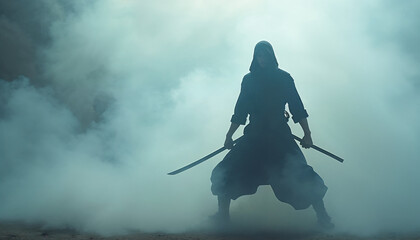 Ninja fighter in dense smoke and fog, poised in a defensive stance with subtle highlights on their outfit.






