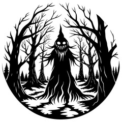 A creepy monster with a hat and a mouth that is open. The monster is surrounded by trees and the mood of the image is eerie and unsettling