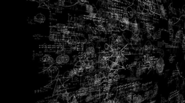 Mathematical notations and equations float in space, with the camera moving through the symbols, focusing on math's complexity. Shallow depth of field adds blur to the scene.