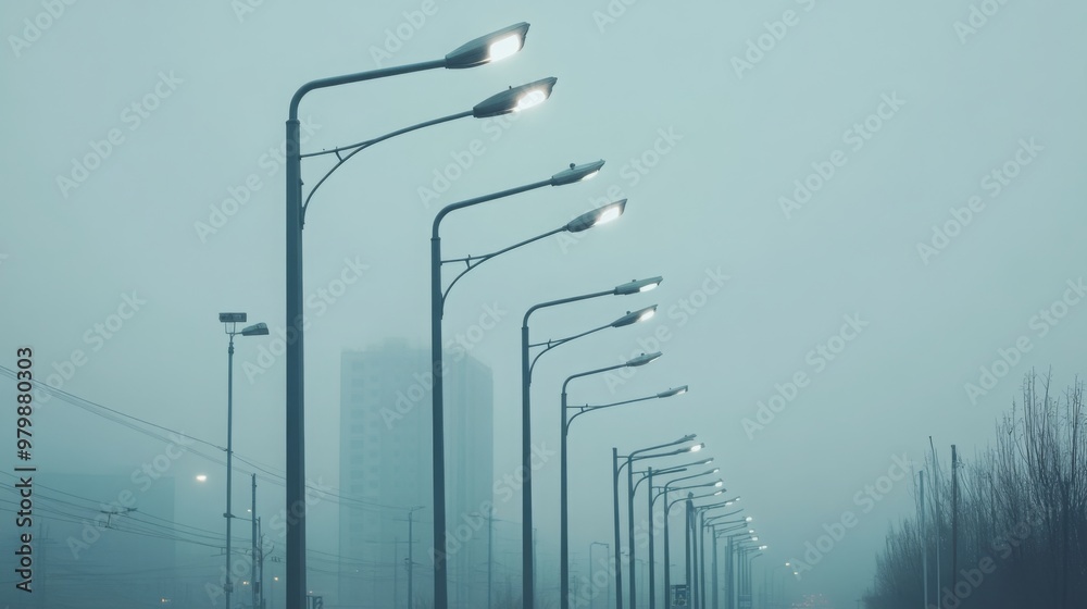 Poster street lamps cast a soft glow through thick fog, creating an eerie yet peaceful atmosphere in an urb