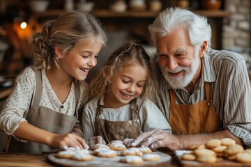 A heartwarming scene of an elderly man joyfully baking with his three young grandchildren in a warm, rustic kitchen. 