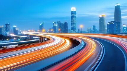 Illuminated Urban Symphony: Stunning Highway Interchange with Vibrant Light Trails and Cityscape at Night