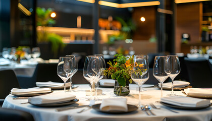 Fototapeta premium Elegant corporate event venue with sophisticated table settings and ambient lighting, highlighting a professional and upscale atmosphere