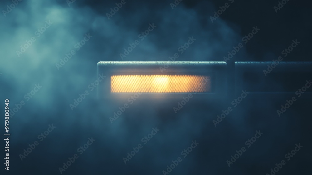 Poster a warm light shines through the fog, creating an ethereal atmosphere in a dimly lit urban setting. t
