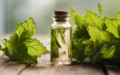A bottle of aromatherapy essential oil with fresh melissa leaves