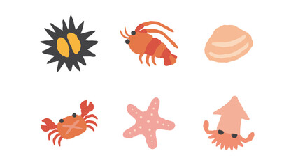 6つの海のさちのイラスト ウニ エビ はまぐり カニ ヒトデ イカ