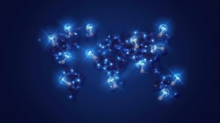 A globe made of light bulbs is lit up in blue
