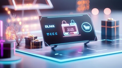 A digital Black Friday flyer with glowing sale text, promoting tech and fashion deals with bold discount numbers.