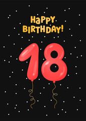 Happy Birthday 18 years greeting card design. Vector illustration. Vertical Bday card template. Colorful helium balloons number 18 and text. Fun celebration postcard