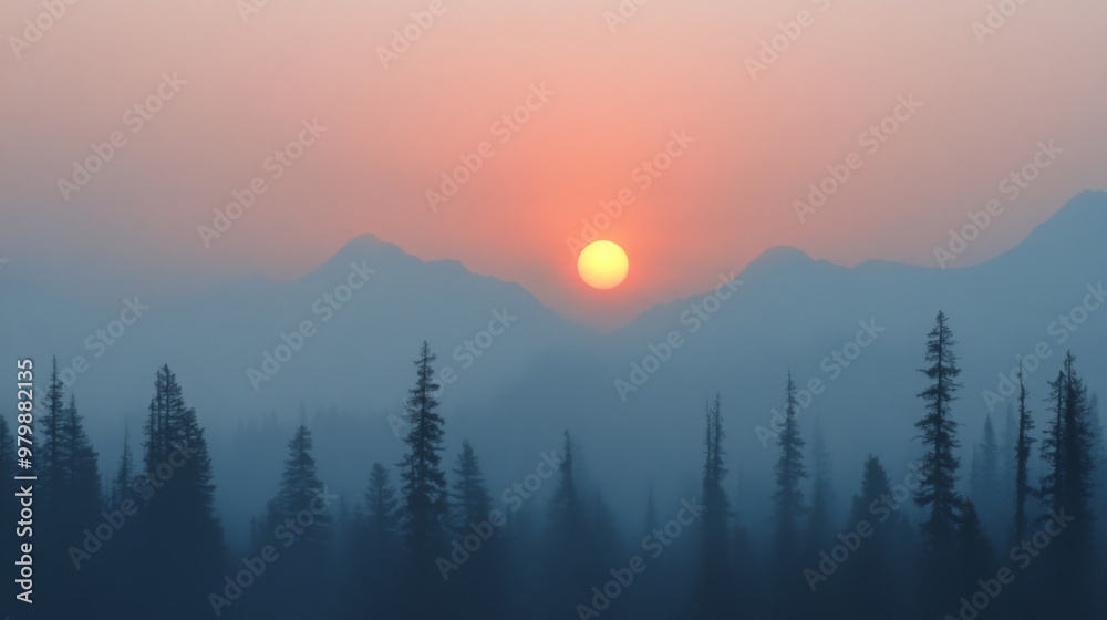 Poster as the sun sets behind the mountain range, a soft orange hue blankets the sky while mist weaves thro